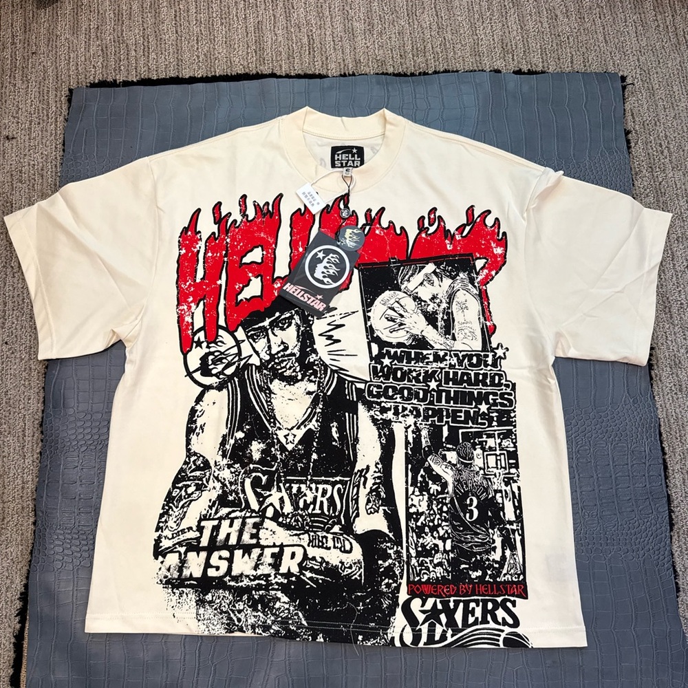 White Short Sleeve Tee with Bold Red and Black Graphics